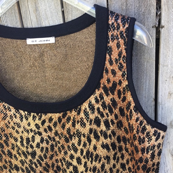 St. John Leopard Print Sleeveless Sweater Vest Santana Knit Brown Black L - Picture 2 of 8